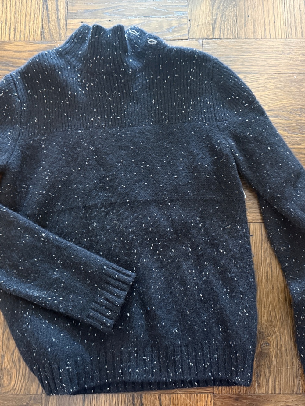 Cozy Black Speckled BONPOINT cashmere turtle mock neck  Sweater missing 2 button